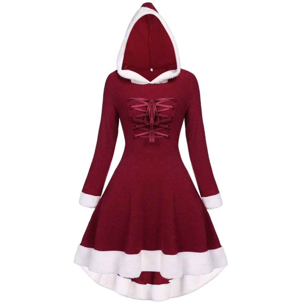 Dressfo Santa Womens Christmas Lace Up Hooded Dress Furry Xmas Size M Red Jolly